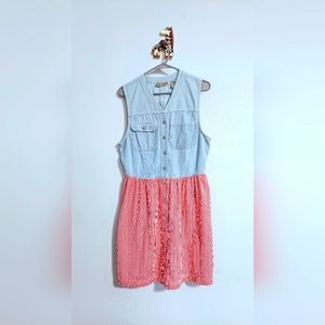 Vintage Denim Striped Dress vtg 90s red & white skirt w/ pockets Small Sundress